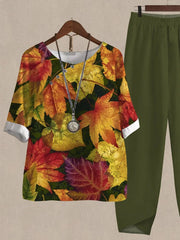 Maple Leaf Print Casual Two Piece Suits