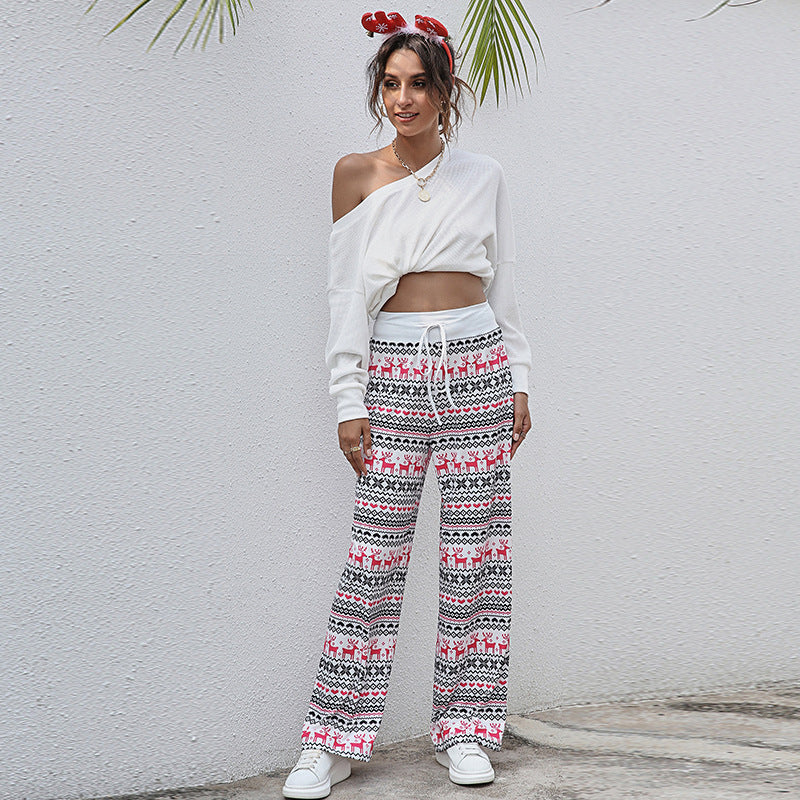 Stylish Loose Lace-Up Christmas Print Pants