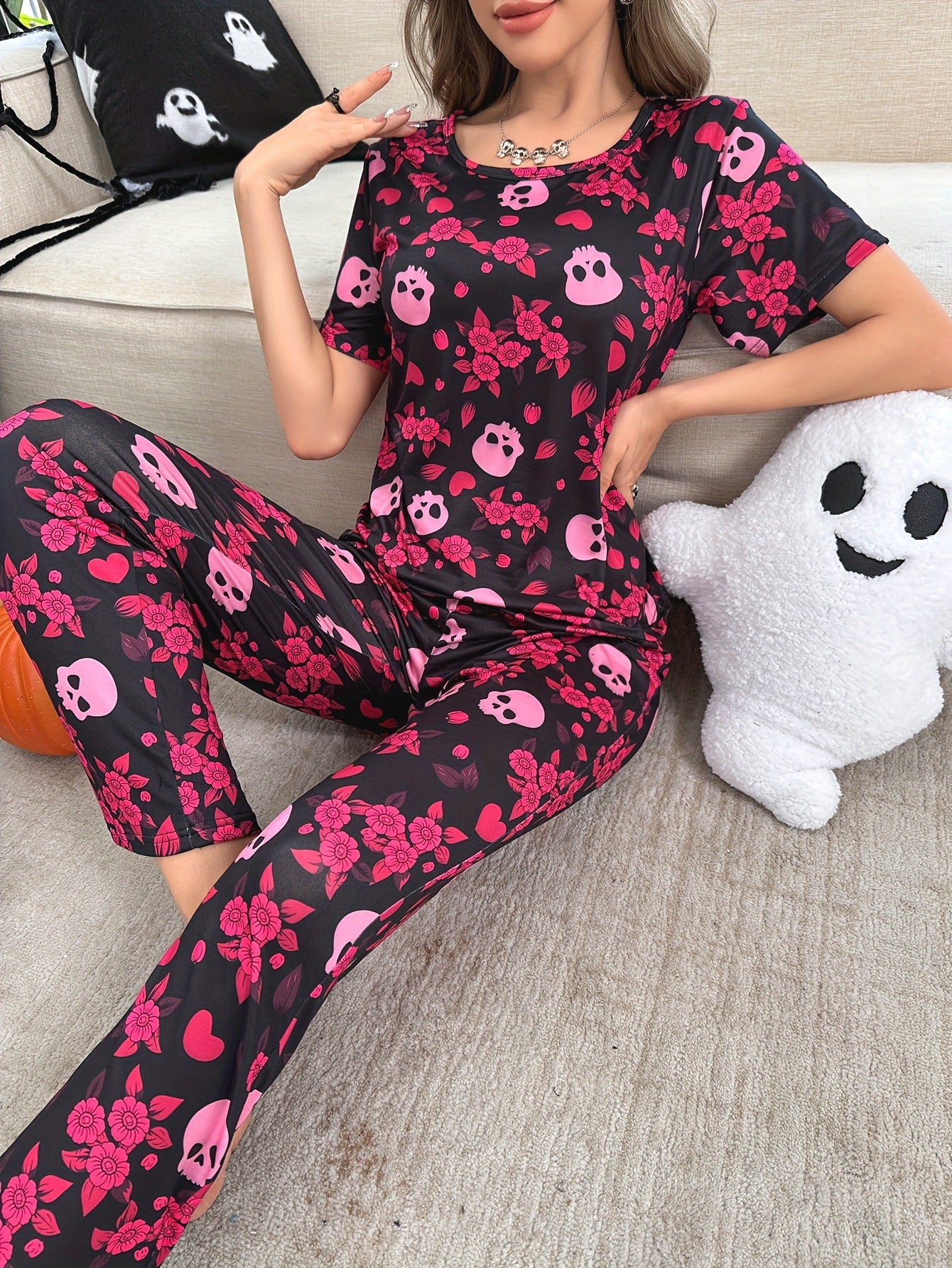 Halloween Pumpkin Print Short Sleeve Long Pants Homewear Set