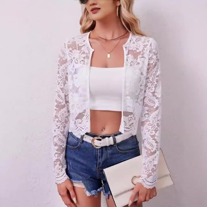 Women's Long Sleeve See-Through Lace Cardigan Top