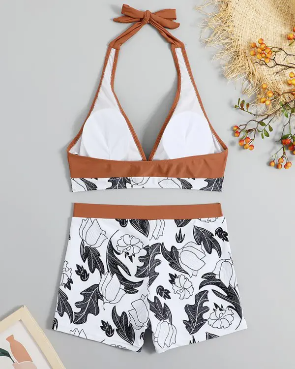 V-neck Plants Print High Waist Halter Bikini Set