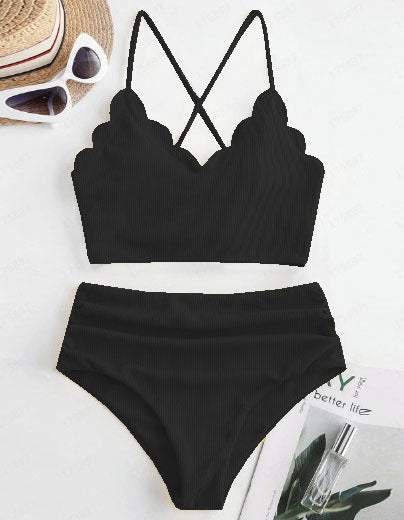 Sexy Plain Fabric Two-Piece High Waist Bikini Set Swimsuit