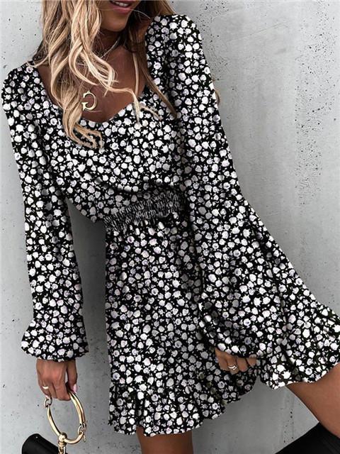 Floral Elastic Waist Ruffle Dress