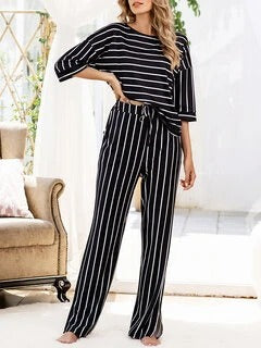 Plus Size Women Striped Loose Casual 3/4 Sleeve Pajama Sets