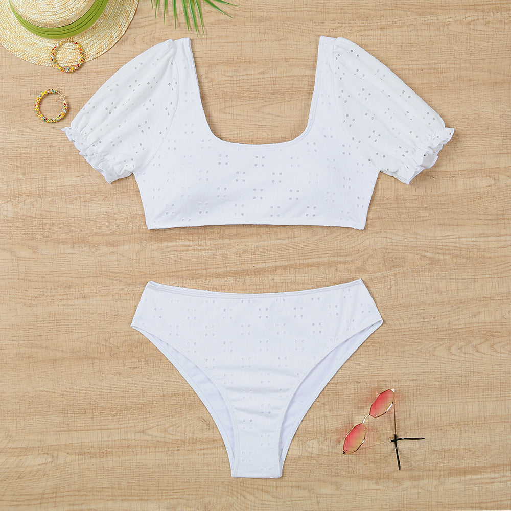 Multicolor Split Short-Sleeved High Waist Swimsuit Beach Bikini Set