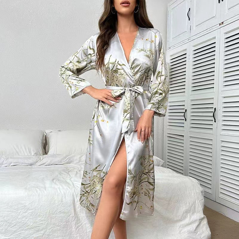 Tie-Up Bathrobe Breathable Thin Style Fashionable Cherry Print Long-Sleeved Robe