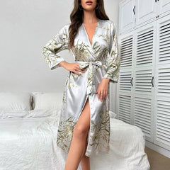 Tie-Up Bathrobe Breathable Thin Style Fashionable Cherry Print Long-Sleeved Robe