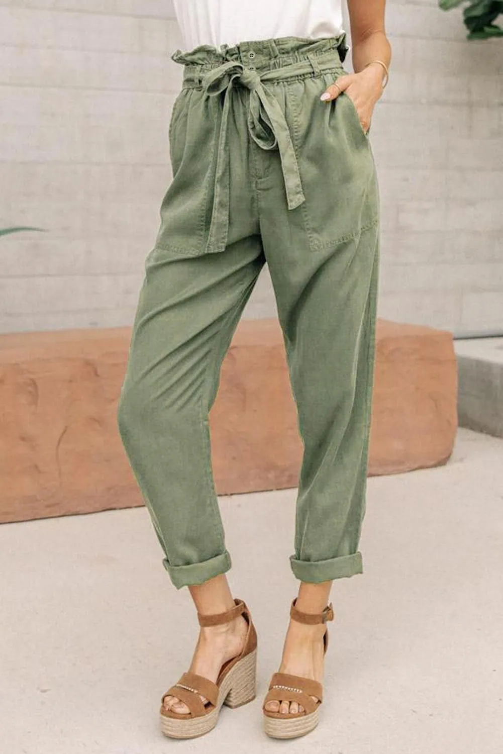 Gray Paper Bag Elastic Waist Casual Pants