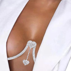 Super Hot Sparkling Diamond Bikini Thong Sexy Chest Chain Set--Silver