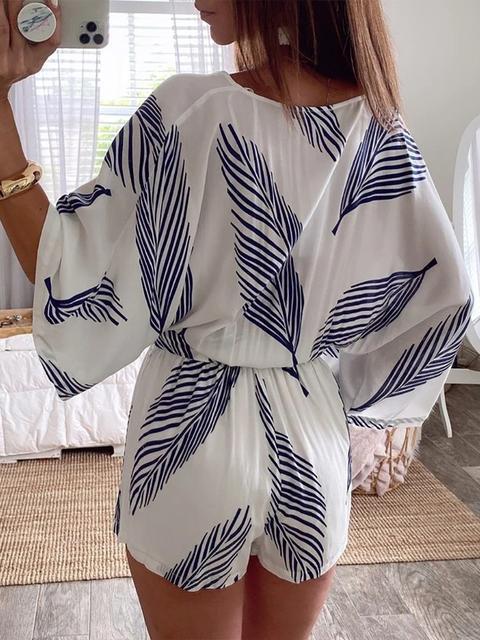 Casual Leaves Print V-Neck Loose Fit Romper With Belt