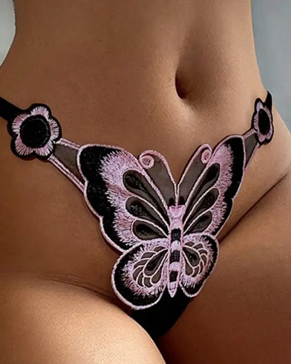 Butterfly Embroidery Low Waist Thong Panty