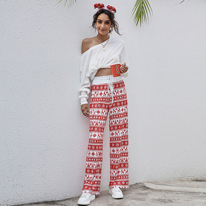 Stylish Loose Lace-Up Christmas Print Pants