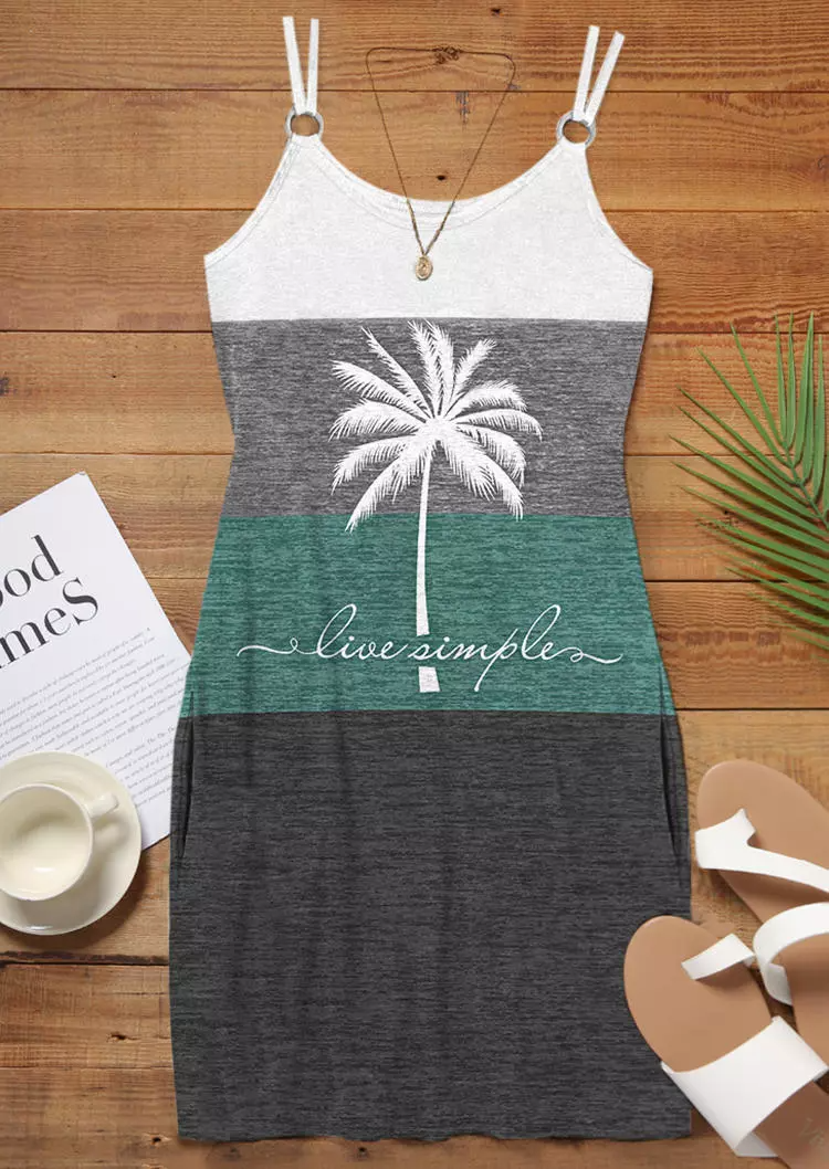 Live Simple Coconut Tree Color Block Pocket Mini Dress