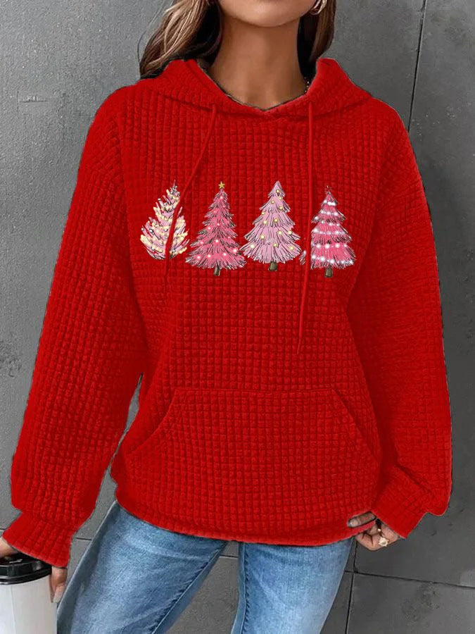 Red Christmas Tree Print Long Sleeve Hooded Casual Pullover