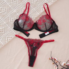 Sexy Thin Flower Embroidered Bra and Panty Set