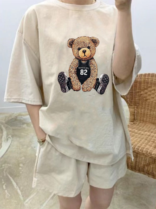 Fashionable Cartoon Loose Fashion T-Shirt Wide-Leg Three-Quarter Pants Two-Piece Suit