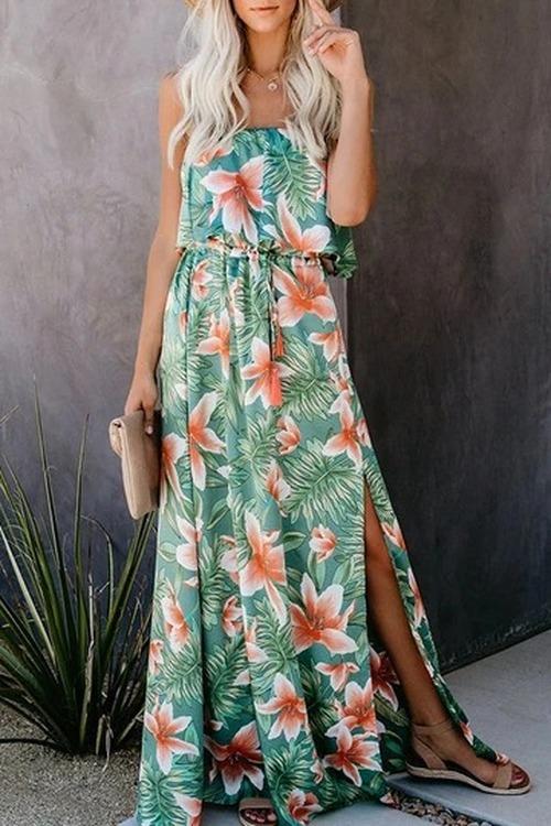 Rainforest Print Off-Shoulder Ruffle Split Dress