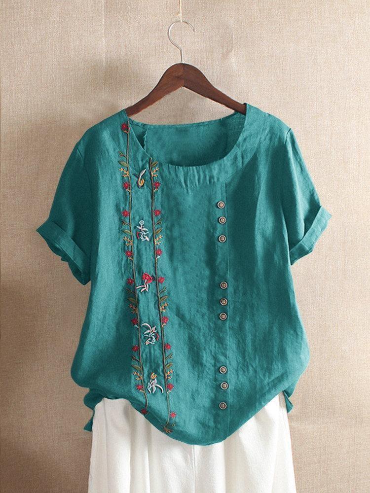 Women's Vintage Cotton Linen Embroidered Loose Short Sleeve Casual Shirts