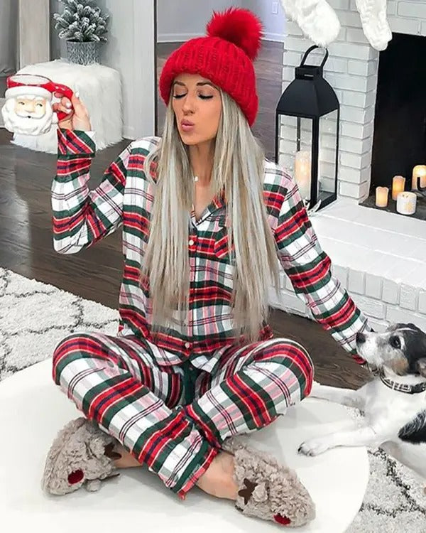 Christmas Plaid Print Casual Pajamas Set