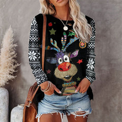 Printed Round Neck Christmas Long Sleeve Top