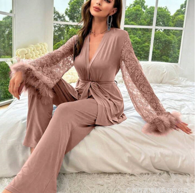 Solid Color Splicing Lace V-Neck Pajamas Robe Set——7 Colors