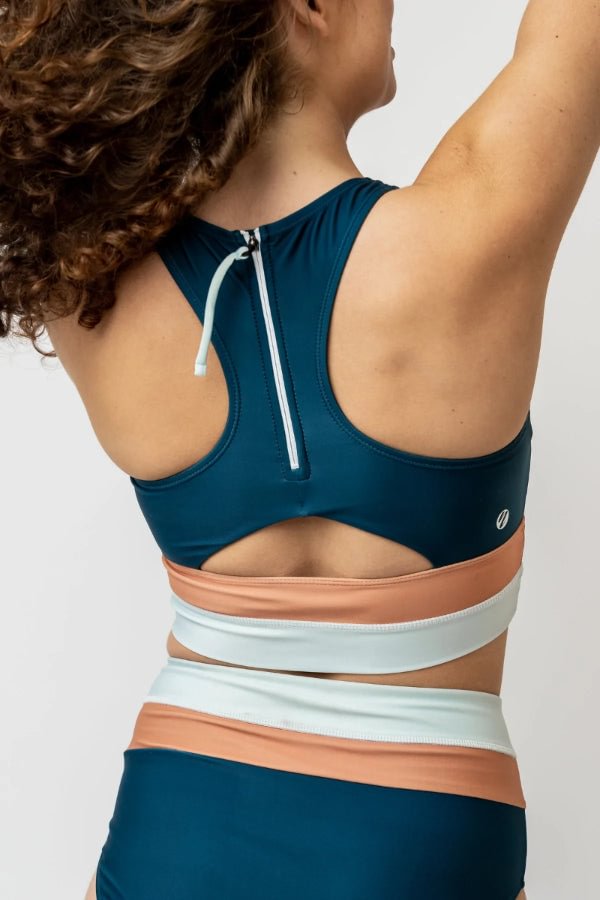 High-Waist Square Neck Colorblock Flow Cut Back Crop Bikini Set