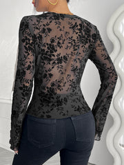 V-neck Lace And Mesh Trumpet Sleeve T-shirt Top