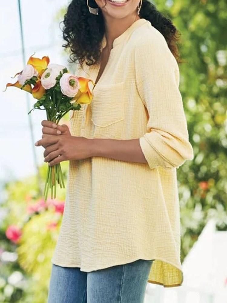 PLAIN REGULAR POCKET STANDARD NINE POINTS SLEEVE BLOUSE