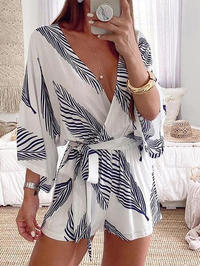 Casual Leaves Print V-Neck Loose Fit Romper With Belt