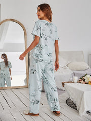 V-Neck Light Green Orchid Print Short-Sleeved Milk Silk Loungewear Suit