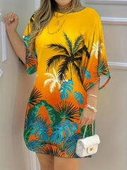 Coconut Tree Print  Vacation Crew Neck 3/4 Sleeve Dress