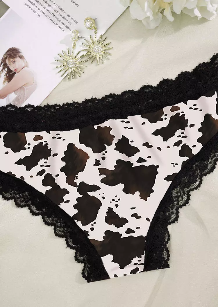 Cow Lace Splicing Panties - Black