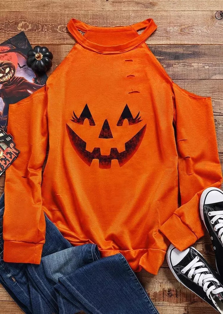 Halloween Pumpkin Face Cold Shoulder Blouse