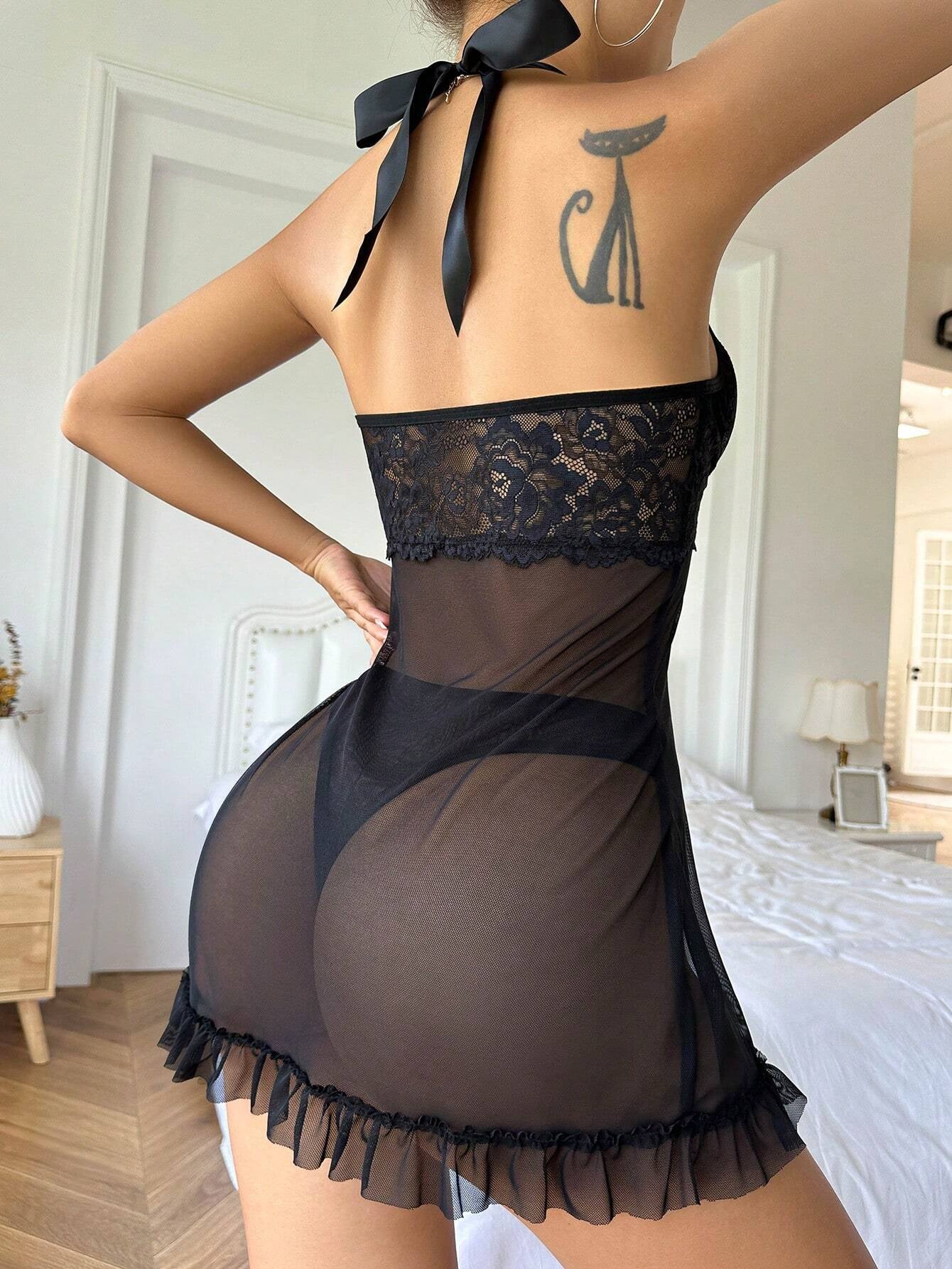 Front Knot Lace Panel Halter Neck Sexy Babydoll Dress