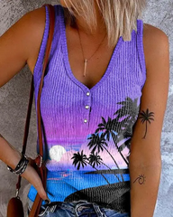 Landscape Hawaiian Palm Tree Print Ribbed Tank Top