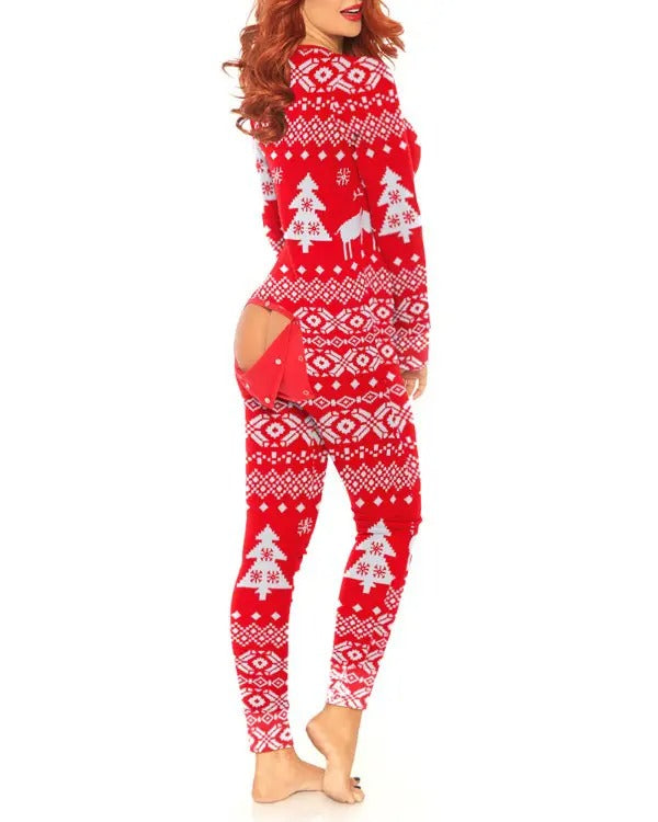 Christmas Print Functional Buttoned Flap Adults Pajamas