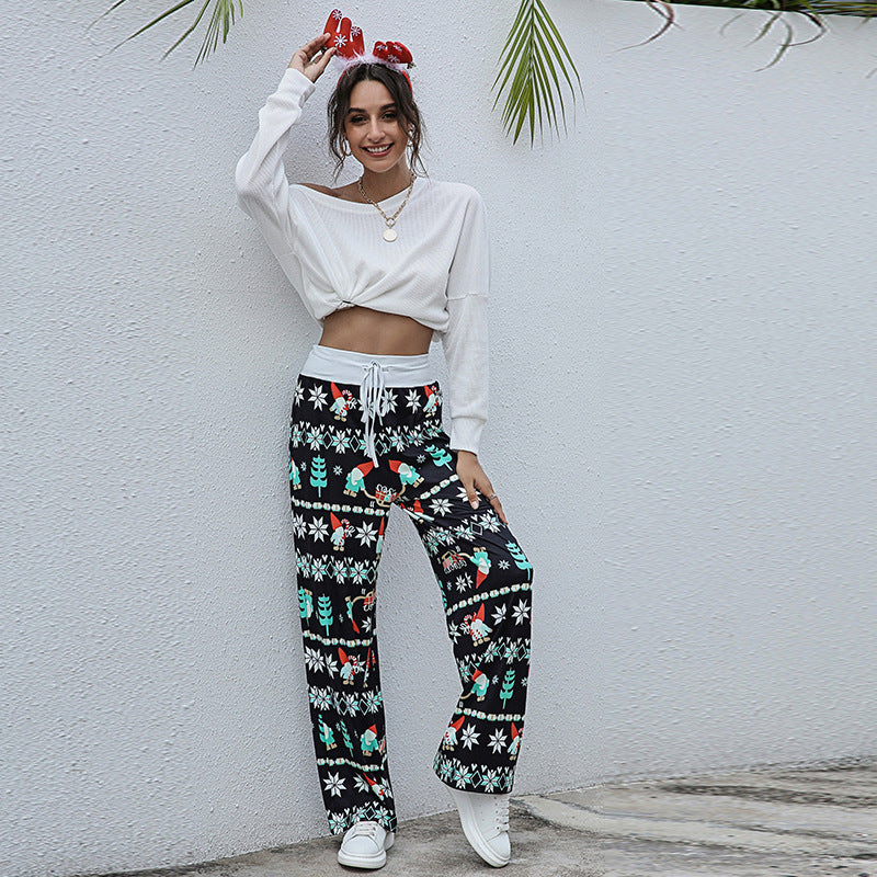 Stylish Loose Lace-Up Christmas Print Pants