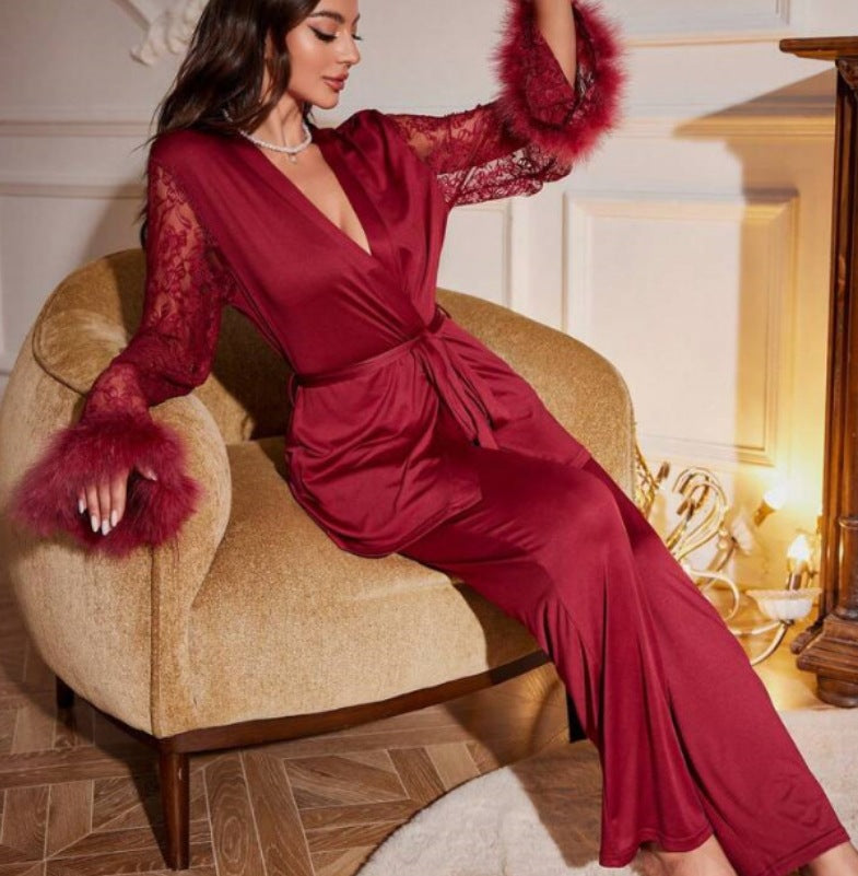 Solid Color Splicing Lace V-Neck Pajamas Robe Set——7 Colors