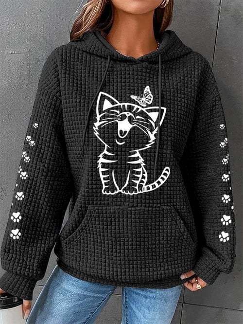 Black Cat Print Long Sleeve Hooded Sweatshirt