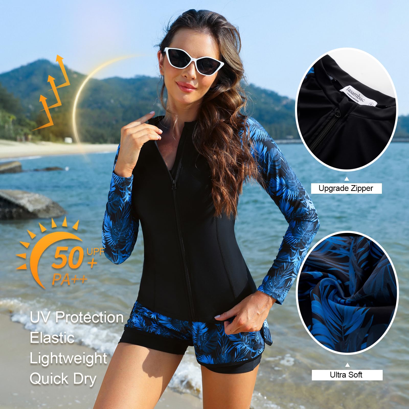 Black-blue Palm Leaves 3 Piece Rash Guard Long Sleeve Swimsuits with Boyshorts Zip Up UPF 50+ Swim Shirt Built in Bra