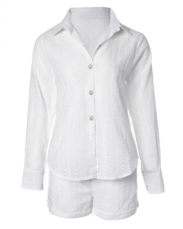 Eyelet Embroidery Buttoned Top & Pocket Design Shorts Set