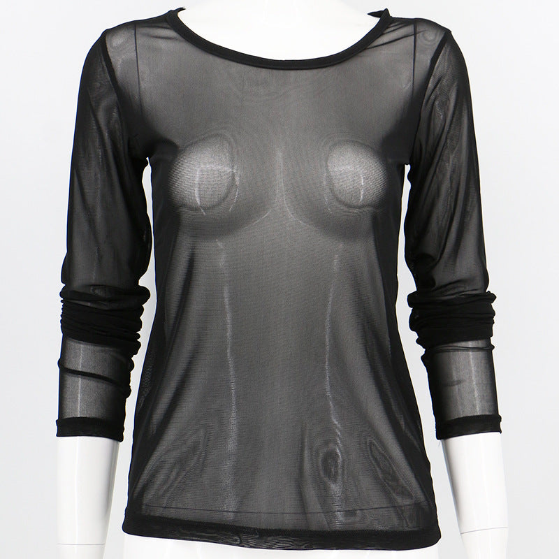 Black Fully Transparent Mesh Long-Sleeved Sexy Thin Mesh Top