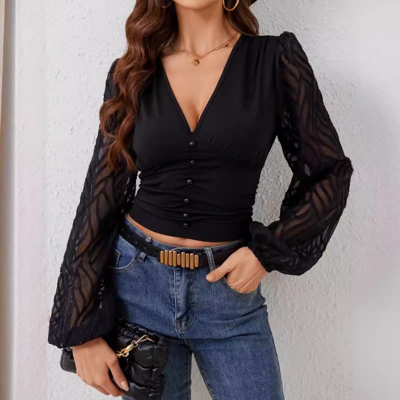 Chiffon Lantern Sleeves Pleated Waist V-Neck Long Sleeve T-Shirt