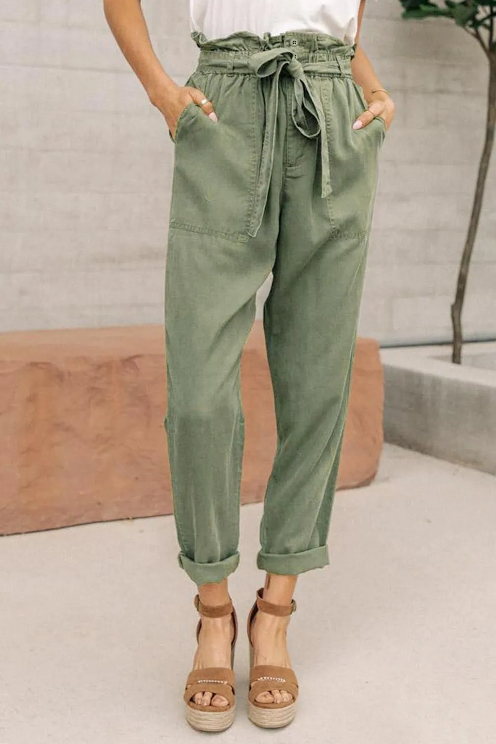 Gray Paper Bag Elastic Waist Casual Pants