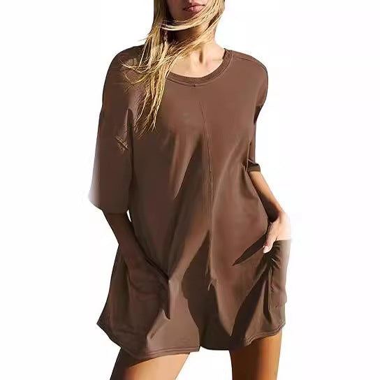 Loose Casual Short-Sleeved V-neck Backless Jumpsuit