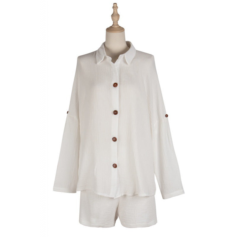 Long Sleeve Shirt Top Cotton And Linen Shorts Set
