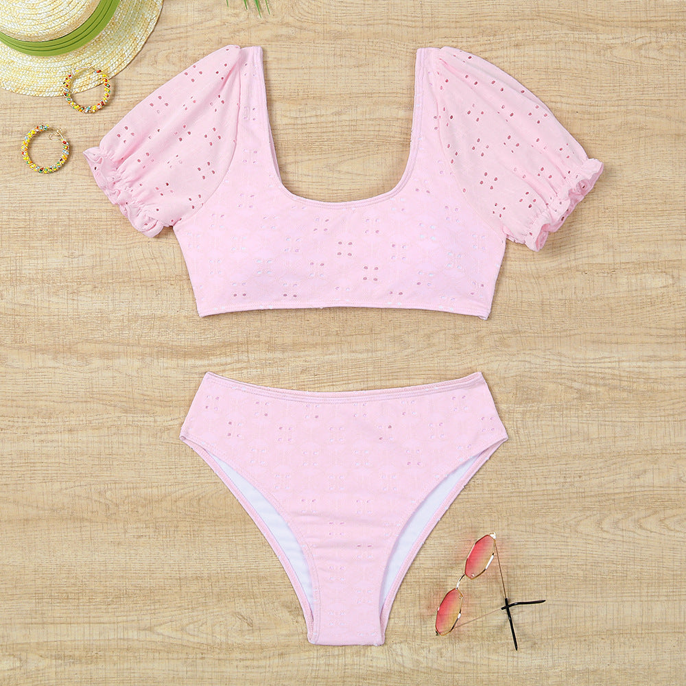 Multicolor Split Short-Sleeved High Waist Swimsuit Beach Bikini Set