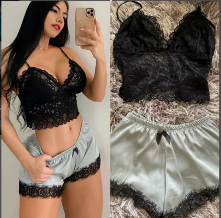 Eyelash Crochet Lace Satin Cami Set