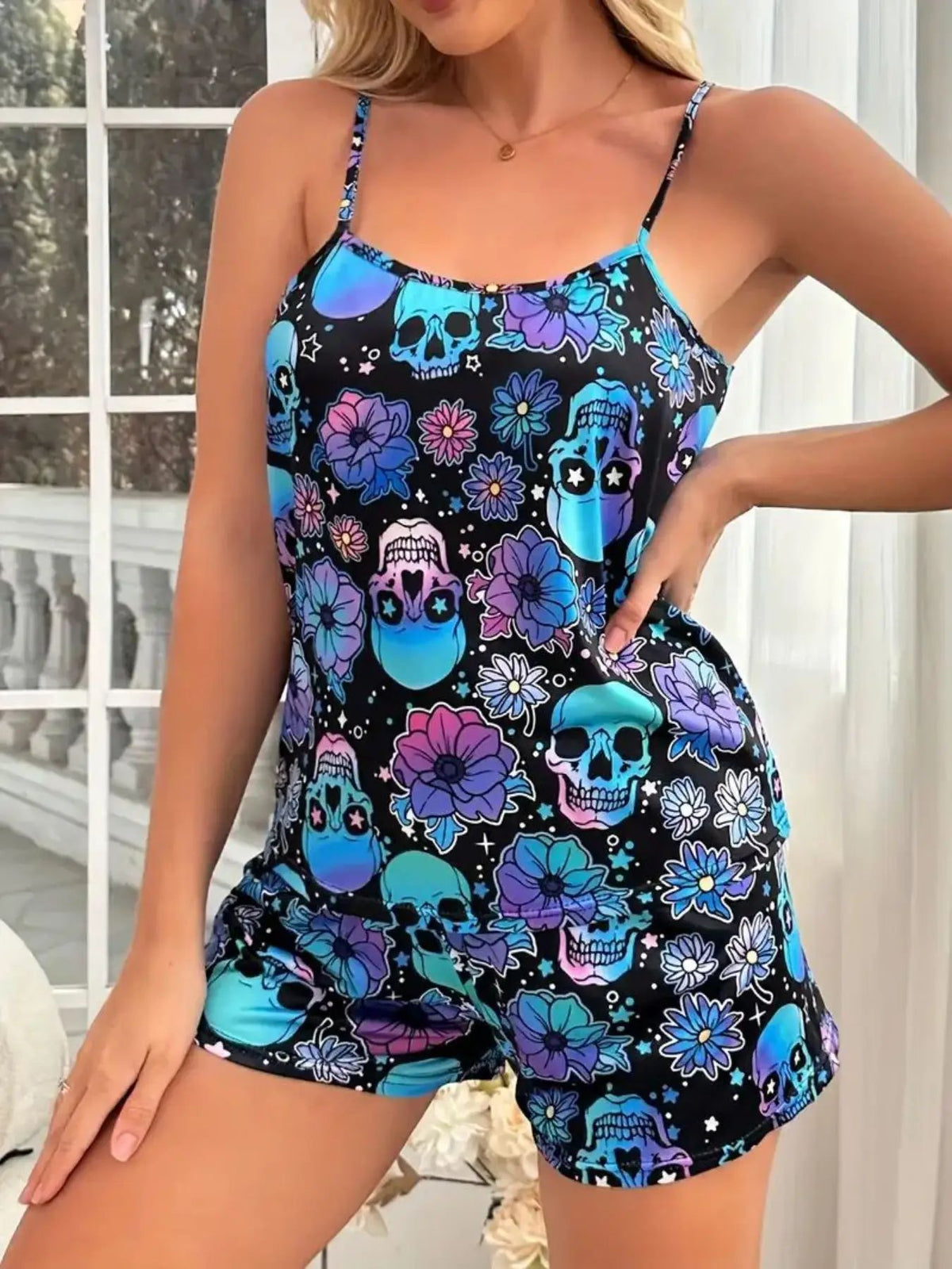 Halloween skull bone flower print suspender top shorts home wear pajamas set