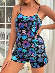 Halloween skull bone flower print suspender top shorts home wear pajamas set